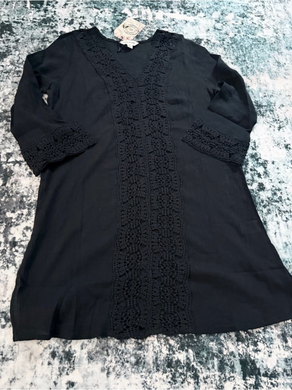 Lucky & Coco Black V-Neck Crochet Trim swimwear cover up tunic M